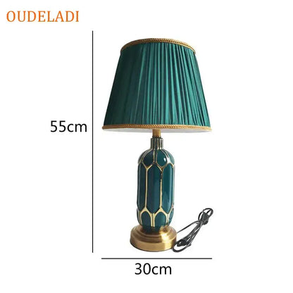 Post modern teal and gold ceramic table lamp with pleated fabric shade for bedroom lighting decorbites blue ceramic table