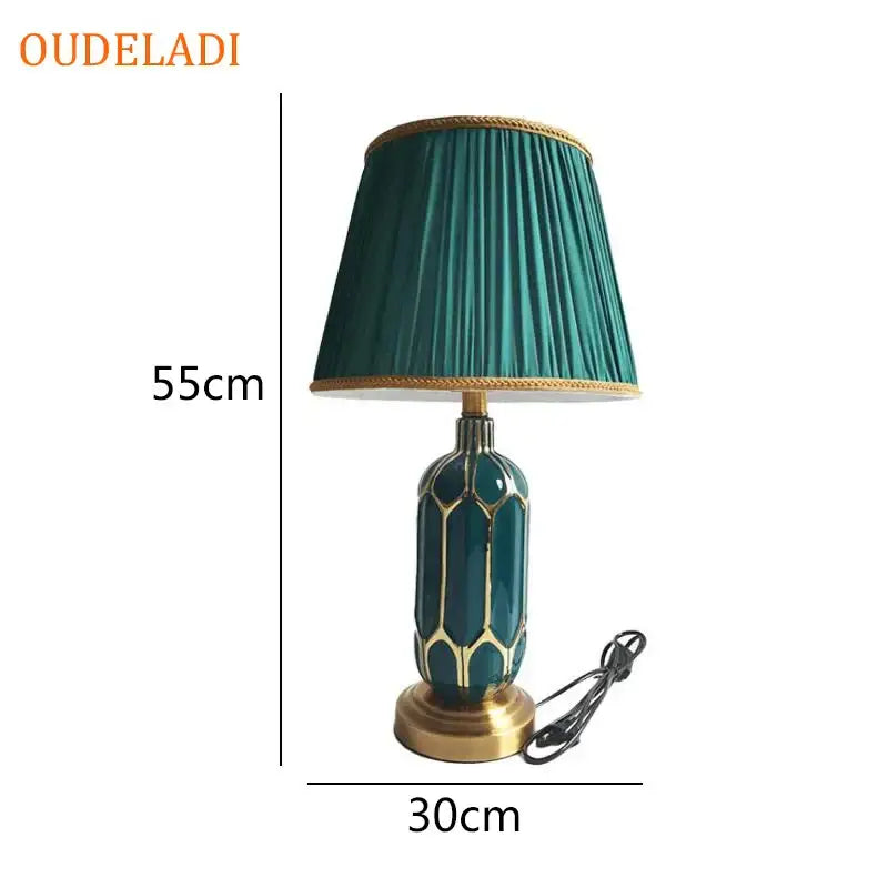 Post modern teal and gold ceramic table lamp with pleated fabric shade for bedroom lighting decorbites blue ceramic table