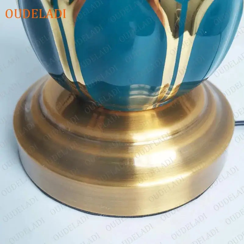 Post modern teal and gold ceramic table lamp with lotus design blue ceramic table for stylish bedroom lighting decorbites blue ceramic