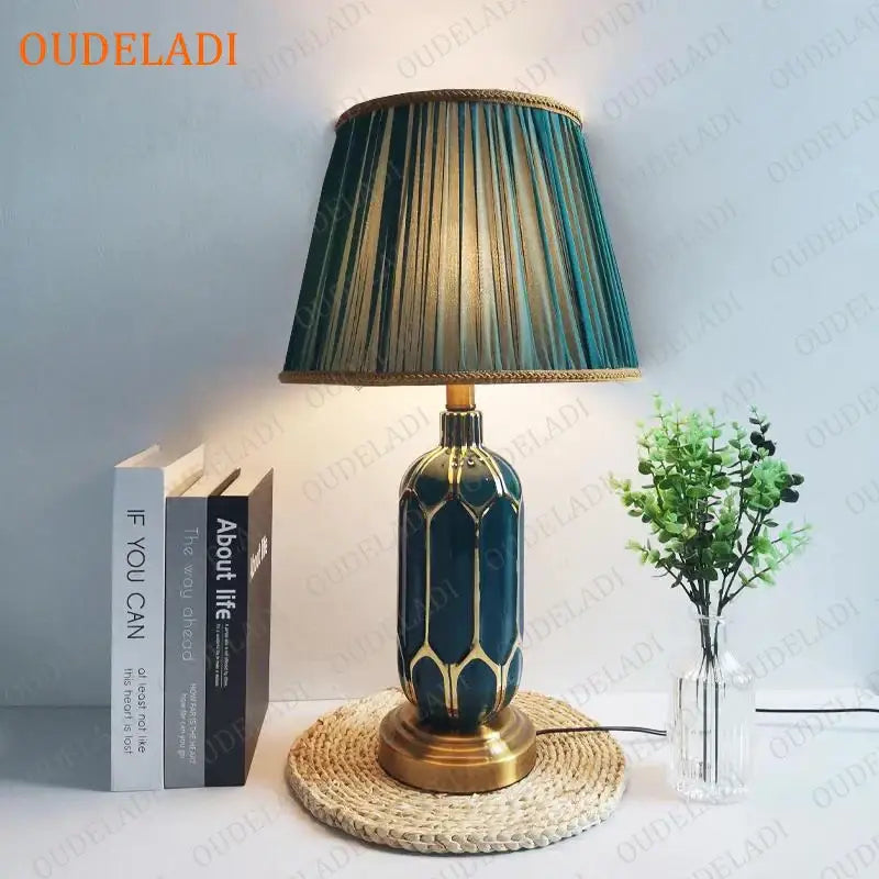 Post modern teal and gold ceramic table lamp with pleated fabric shade for bedroom lighting decorbites blue ceramic table lamp