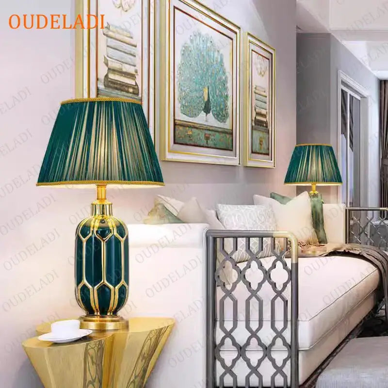 Post modern teal and gold ceramic table lamp with an emerald green geometric patterned base for bedroom lighting decorbites blue ceramic