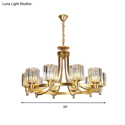 Lámpara de techo colgante posmoderna de 10 brazos con varilla de cristal cilíndrica – Negro/Latón