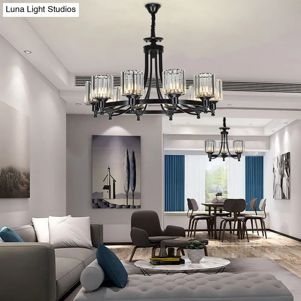 Lámpara de techo colgante posmoderna de 10 brazos con varilla de cristal cilíndrica – Negro/Latón