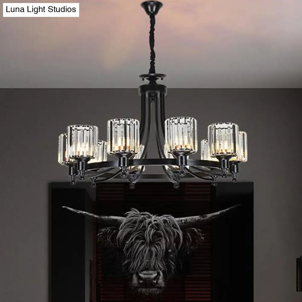 Lámpara de techo colgante posmoderna de 10 brazos con varilla de cristal cilíndrica – Negro/Latón