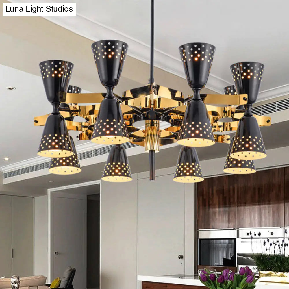 Lámpara de araña posmoderna de hierro con forma de reloj de arena de 16 luces - Oro y negro