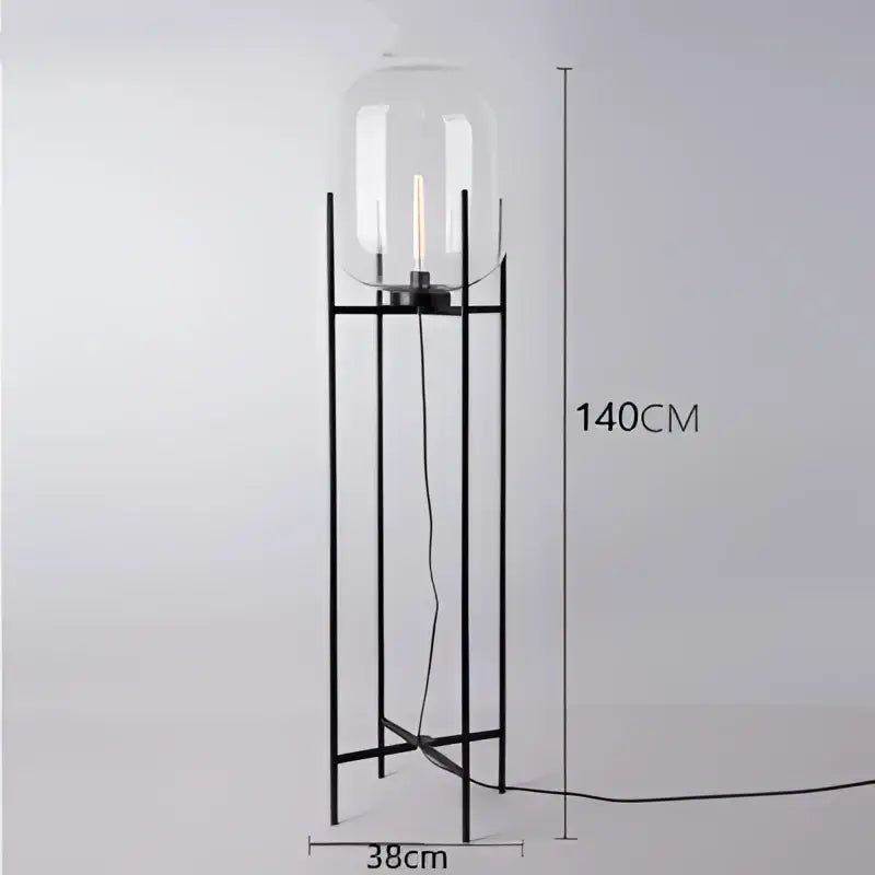 A sleek black metal floor lamp with a clear glass ball dome housing an exposed filament bulb for modern decorbites decor