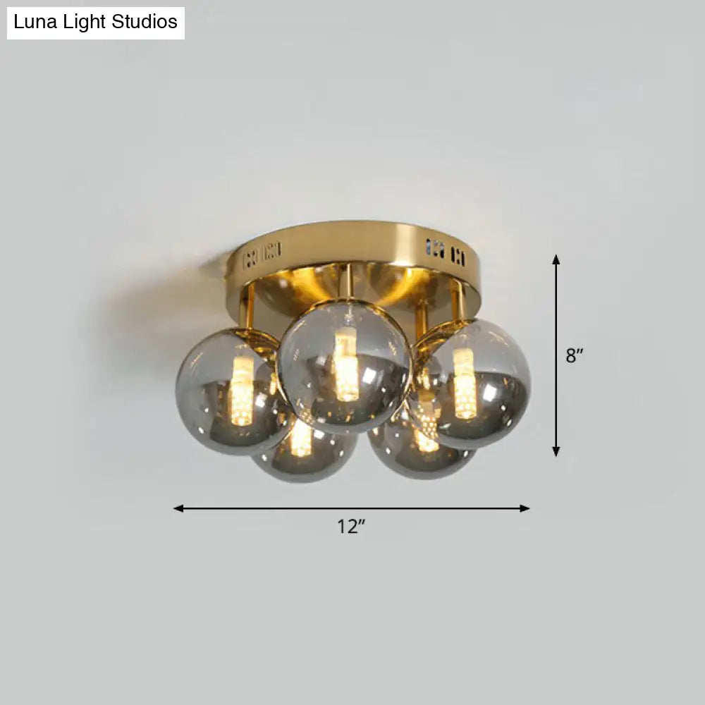 DecorBites™ DecorBites™ Postmodern Ball Smoke Grey Glass Ceiling Lamp with Gold Finish - Semi Flush Light Fixture (5 Lights)