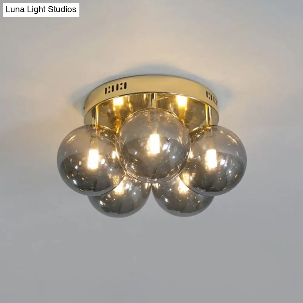 DecorBites™ DecorBites™ Postmodern Ball Smoke Grey Glass Ceiling Lamp with Gold Finish - Semi Flush Light Fixture (5 Lights)