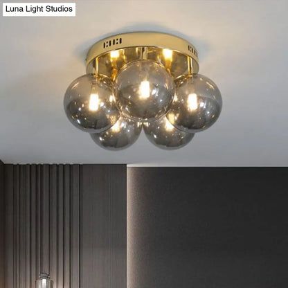 DecorBites™ DecorBites™ Postmodern Ball Smoke Grey Glass Ceiling Lamp with Gold Finish - Semi Flush Light Fixture (5 Lights)