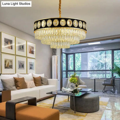 Lámpara de araña colgante posmoderna negra y dorada de 3 niveles - 9/11 cabezales, bloques de cristal - 49,5/60 cm de ancho