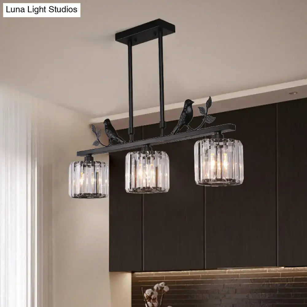 Postmodern black gold hanging island light with three clear crystal glass shades and decorative bird figures 220v-240v 110v-120v