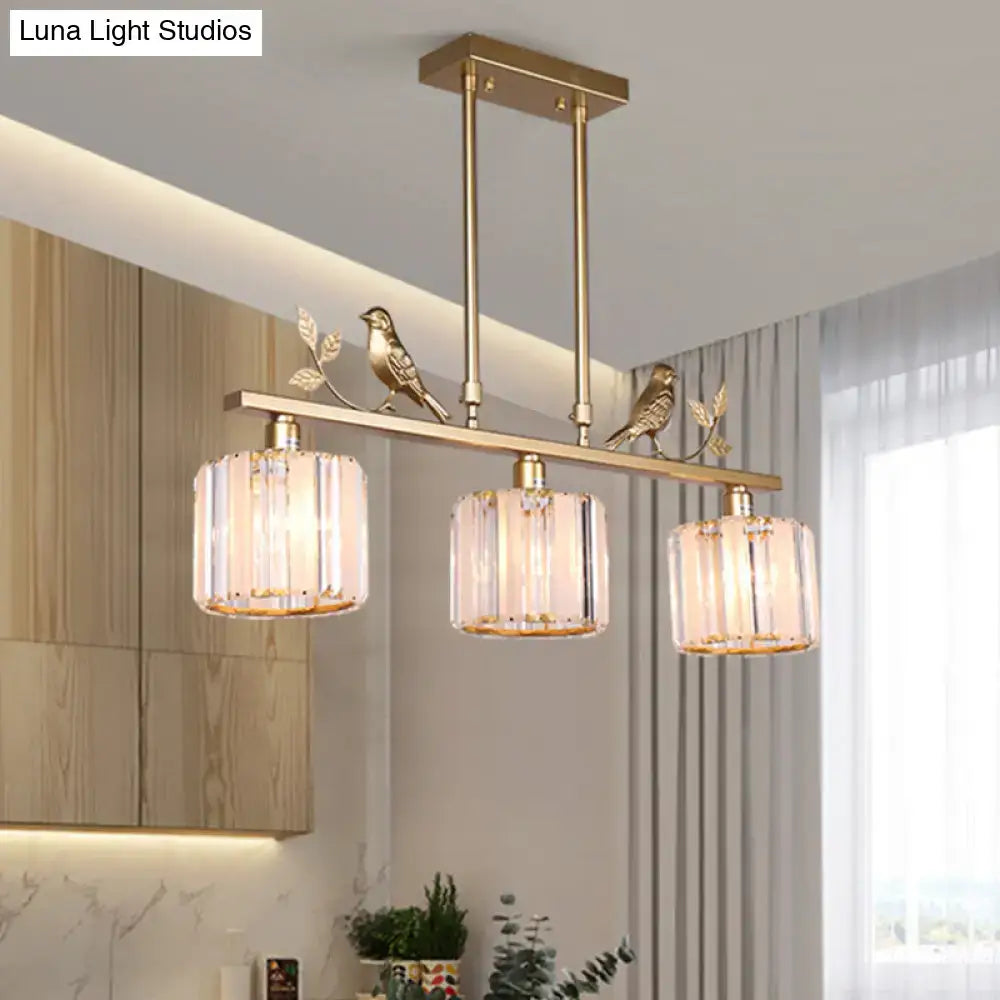 Gold-toned postmodern black gold hanging island light with three crystal cylinder shades and bird decorations 220v-240v 110v-120v