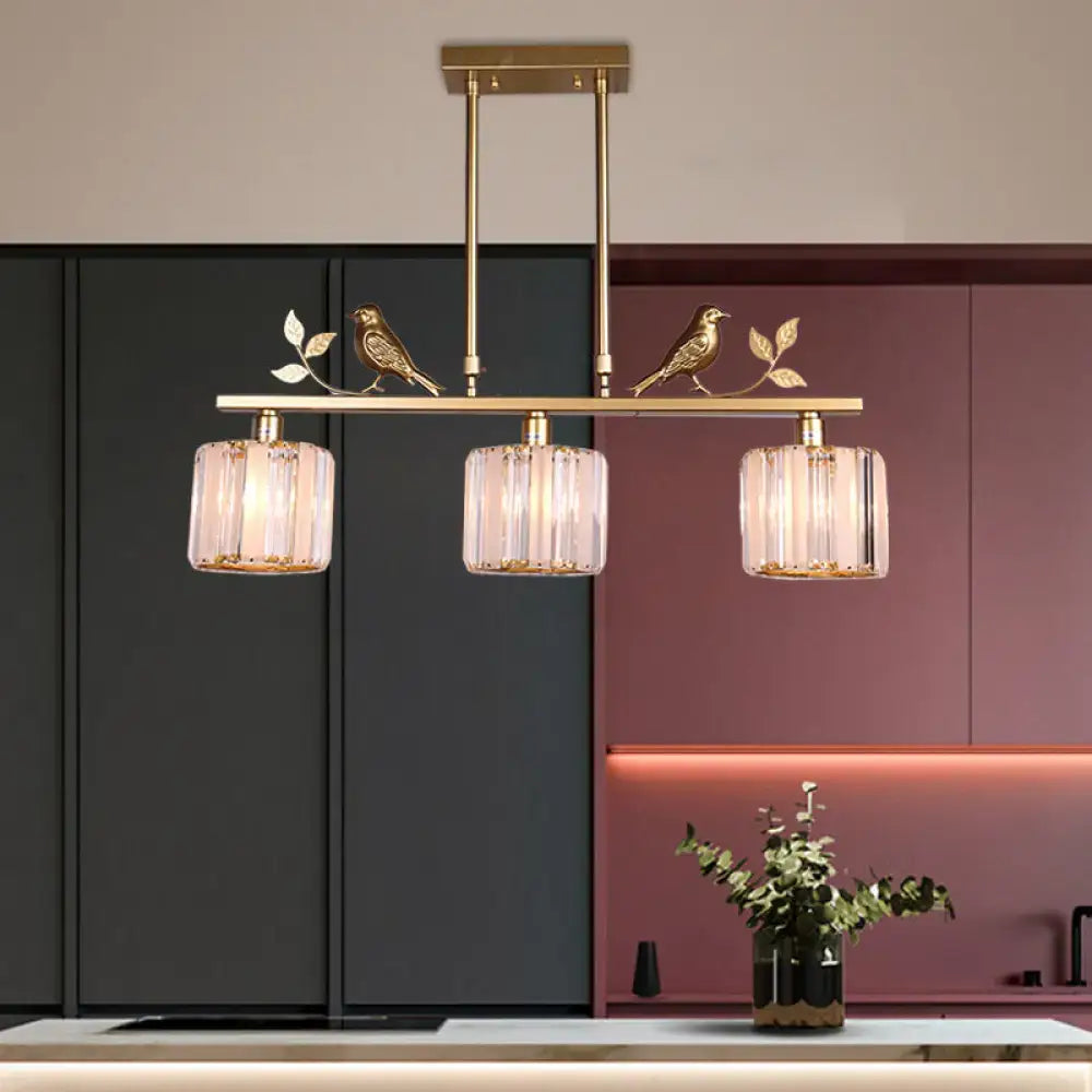 Gold-toned postmodern black gold hanging island light with three crystal glass shades and bird leaf decoration 220v-240v 110v-120v