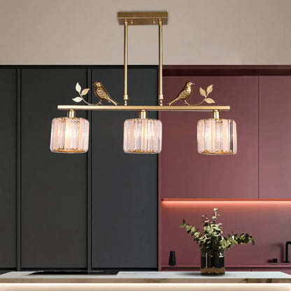 Gold-toned postmodern black gold hanging island light with three crystal glass shades and bird leaf decoration 220v-240v 110v-120v