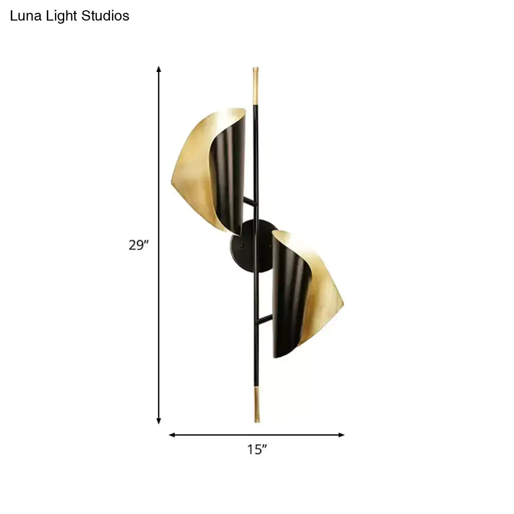 Modern postmodern black and gold metal sheet sconce wall light with sculpted leaf shades for stairway lighting