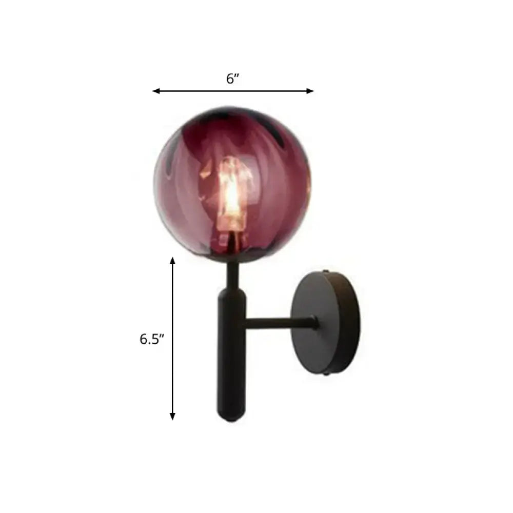 Postmodern gold black metal wall sconce with deep purple glass globe and 110v-120v exposed filament bulb for bedroom lighting