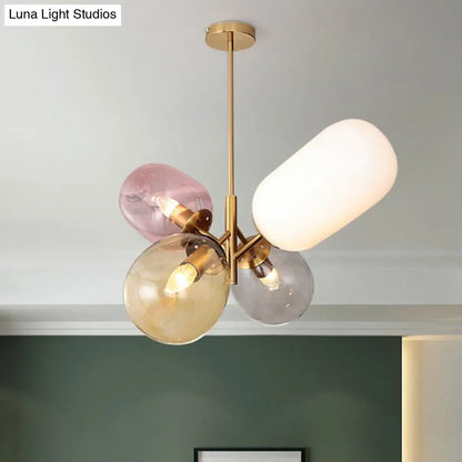 Postmodern Brass Balloon Pendant Chandelier with Multicolored Glass Shades - 4-Light Ceiling Lamp