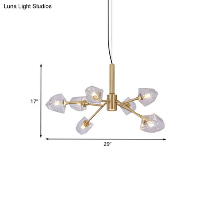 Lámpara de araña posmoderna de latón con 8 lámparas colgantes de piedras preciosas de cristal