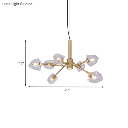 Lámpara de araña posmoderna de latón con 8 lámparas colgantes de piedras preciosas de cristal
