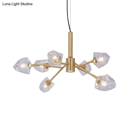 Lámpara de araña posmoderna de latón con 8 lámparas colgantes de piedras preciosas de cristal