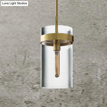 Postmodern Brass Cylinder Ceiling Pendant Light with Clear Glass