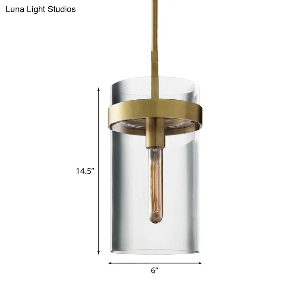 Postmodern Brass Cylinder Ceiling Pendant Light with Clear Glass