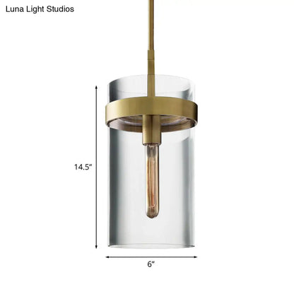 Postmodern Brass Cylinder Ceiling Pendant Light with Clear Glass