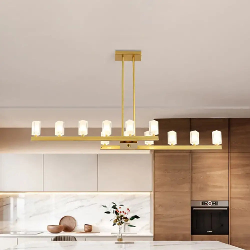 Gold-toned postmodern brass linear led pendant light with frosted glass shades and crystal accents for dining room 220v-240v
