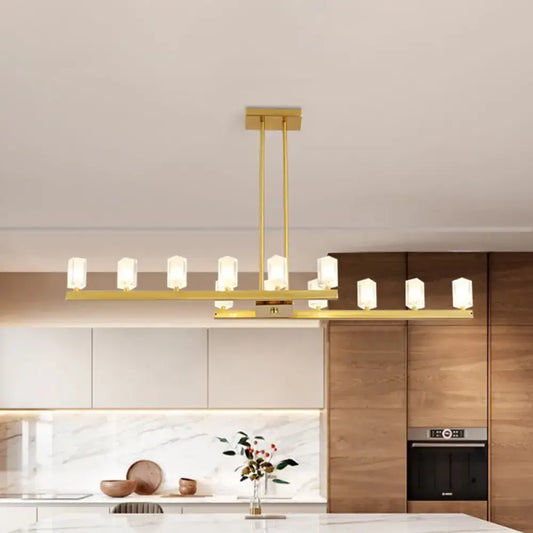 Gold-toned postmodern brass linear led pendant light with frosted glass shades and crystal accents for dining room 220v-240v