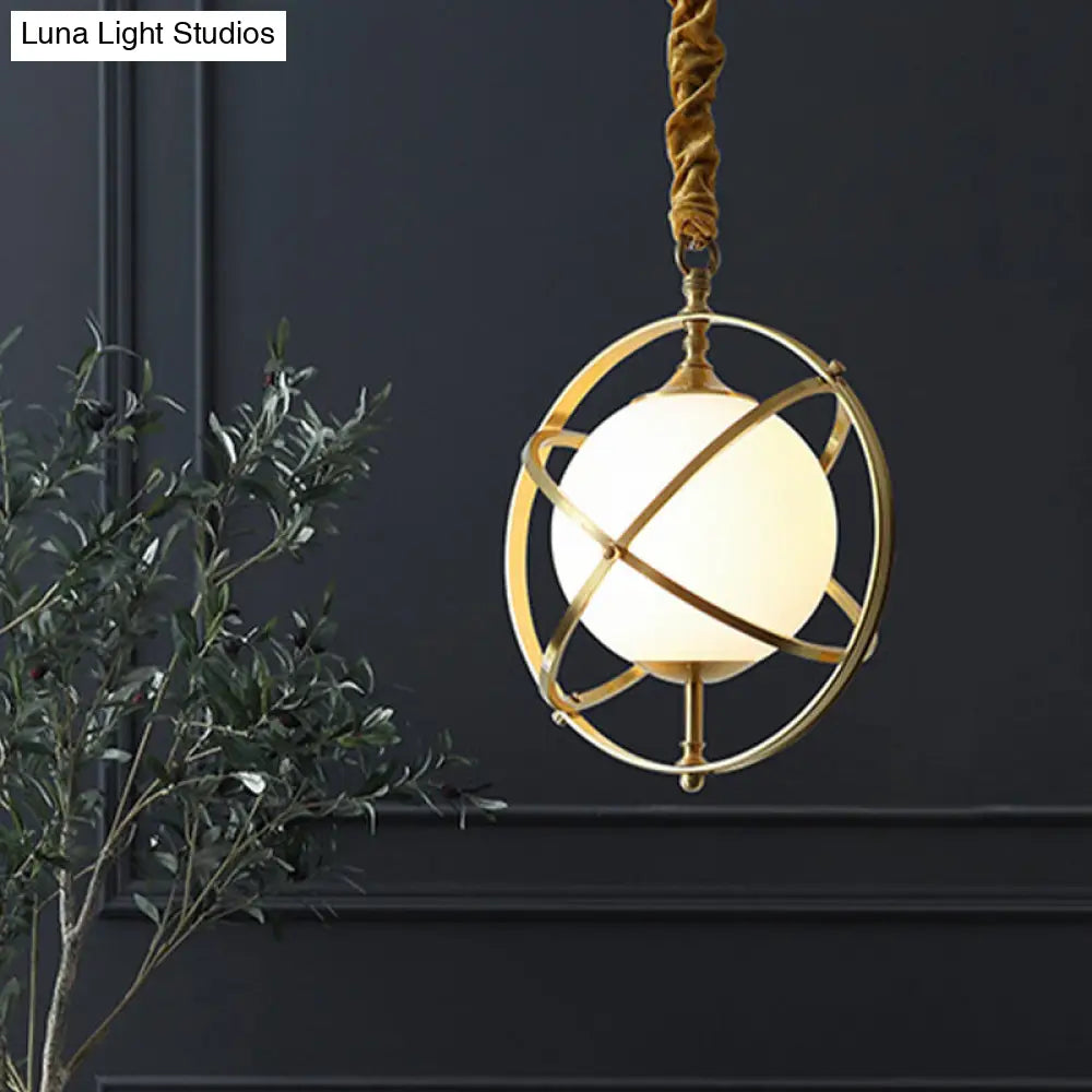 Postmodern Brass Orbit Pendant Light with White Glass Shade