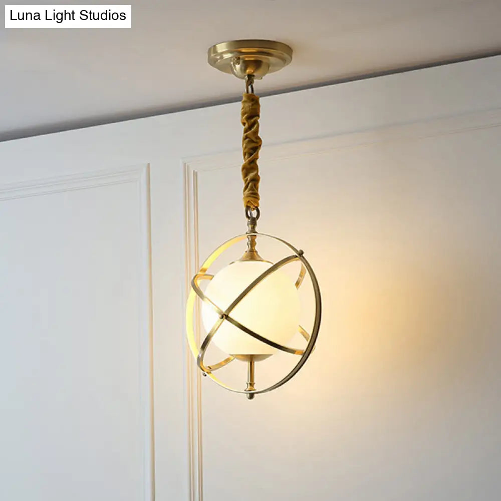 Postmodern Brass Orbit Pendant Light with White Glass Shade