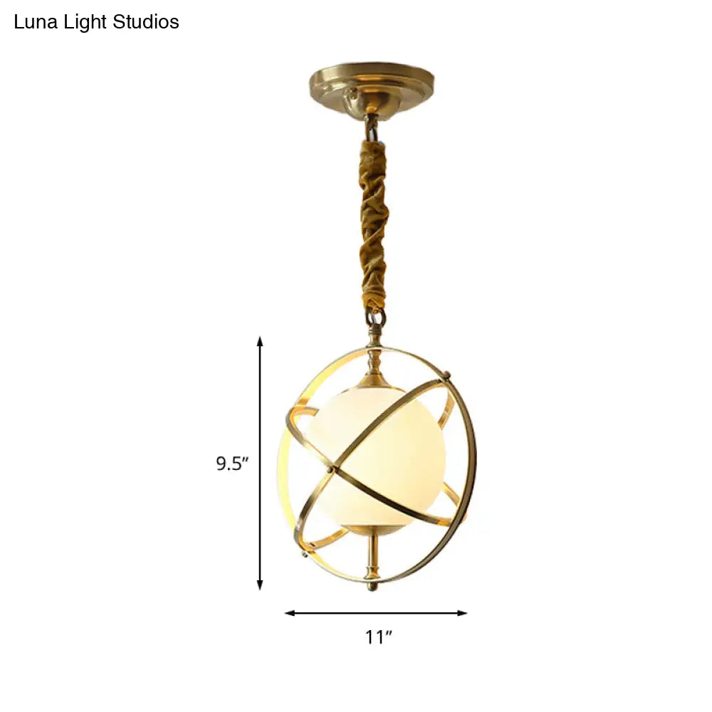 Postmodern Brass Orbit Pendant Light with White Glass Shade