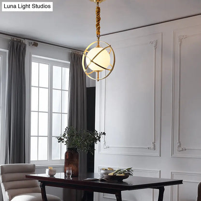 Postmodern Brass Orbit Pendant Light with White Glass Shade