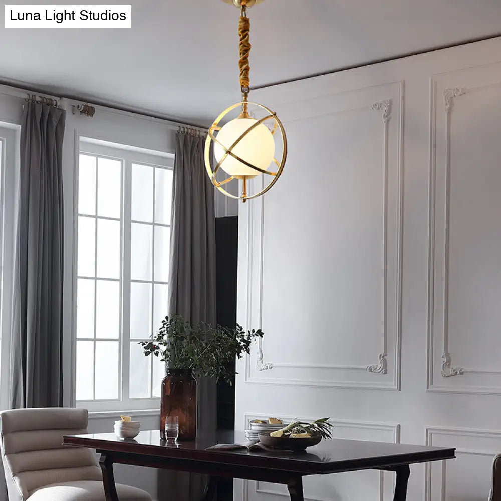 Postmodern Brass Orbit Pendant Light with White Glass Shade