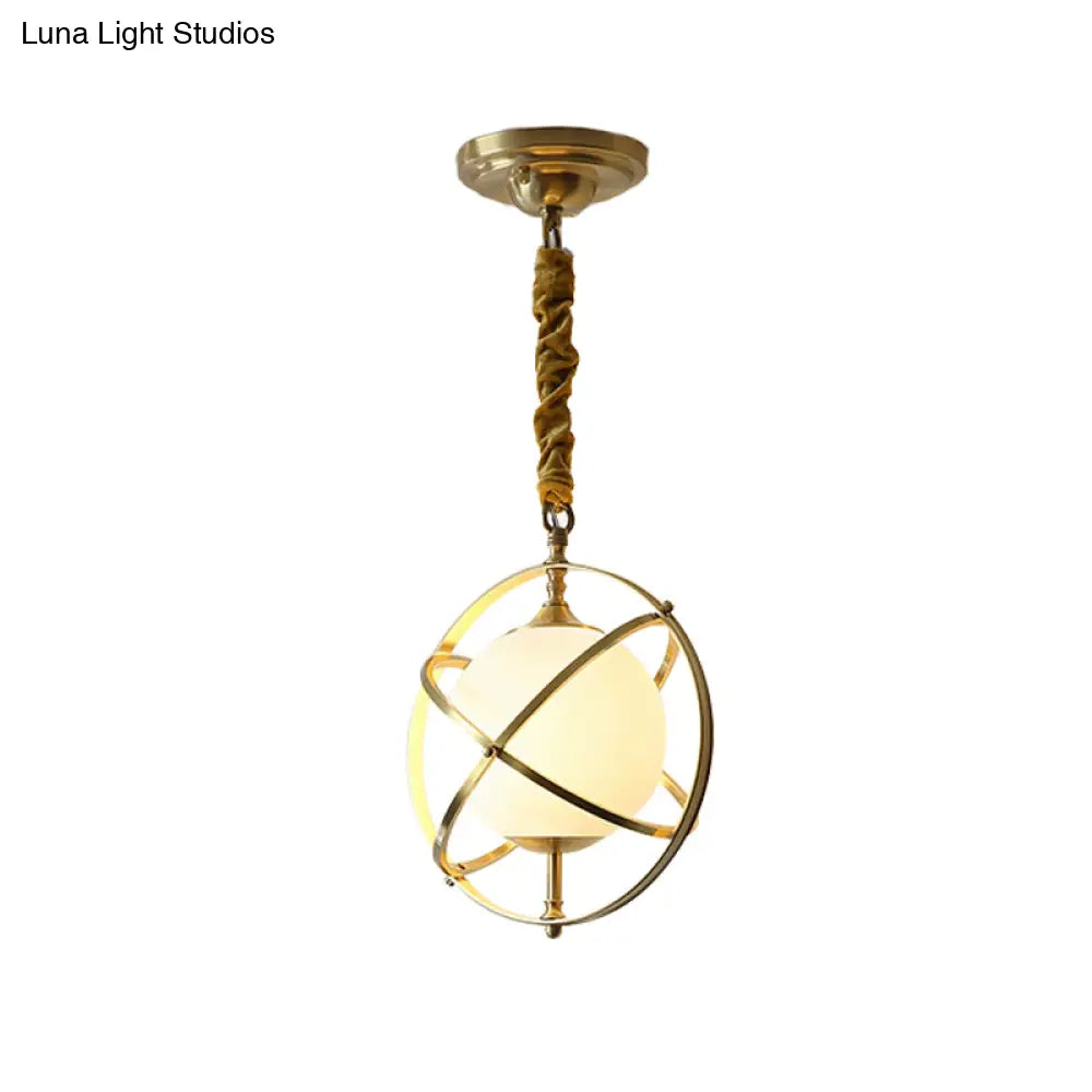 Postmodern Brass Orbit Pendant Light with White Glass Shade