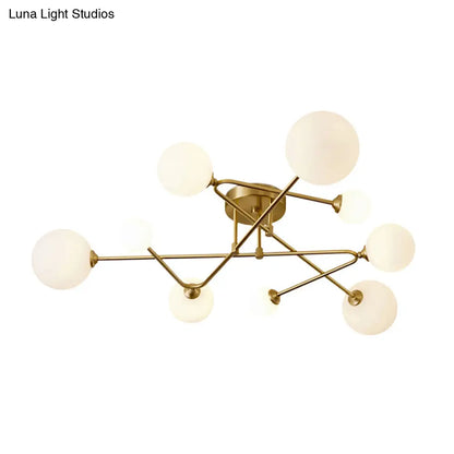 DecorBites™ DecorBites™ Postmodern Brass Semi Flush Mount Fixture - Orb Shaped Milk Glass Flush Ceiling Light