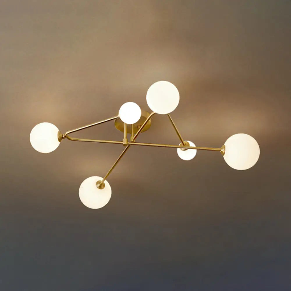 DecorBites™ DecorBites™ Postmodern Brass Semi Flush Mount Fixture - Orb Shaped Milk Glass Flush Ceiling Light