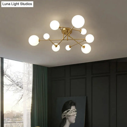 DecorBites™ DecorBites™ Postmodern Brass Semi Flush Mount Fixture - Orb Shaped Milk Glass Flush Ceiling Light