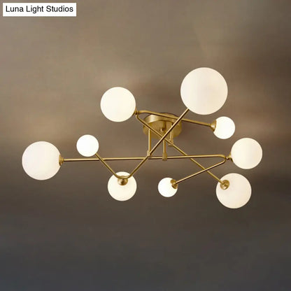 DecorBites™ DecorBites™ Postmodern Brass Semi Flush Mount Fixture - Orb Shaped Milk Glass Flush Ceiling Light