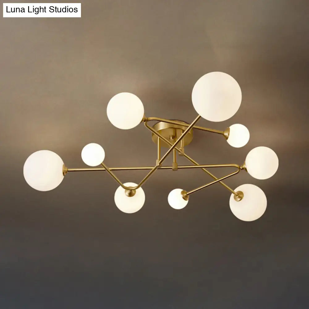 DecorBites™ DecorBites™ Postmodern Brass Semi Flush Mount Fixture - Orb Shaped Milk Glass Flush Ceiling Light