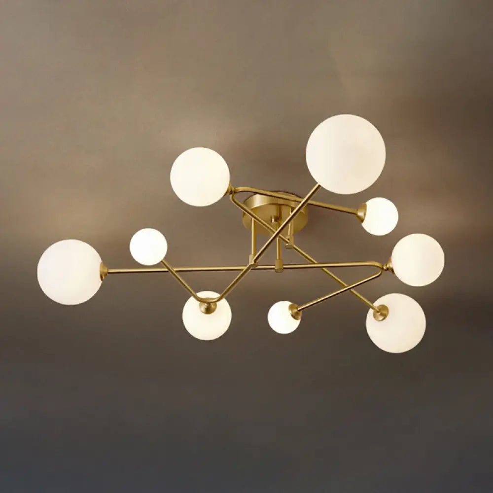 DecorBites™ DecorBites™ Postmodern Brass Semi Flush Mount Fixture - Orb Shaped Milk Glass Flush Ceiling Light