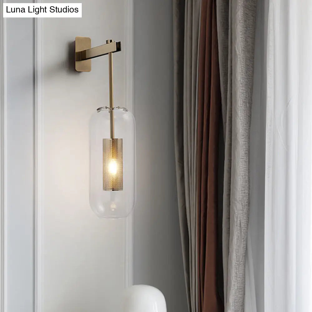 DecorBites™ DecorBites™ Postmodern Capsule Wall Hanging Light Clear Glass Bedside Lamp, 1 Bulb, Interior Mesh Guard, Black/Gold