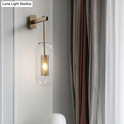 DecorBites™ DecorBites™ Postmodern Capsule Wall Hanging Light Clear Glass Bedside Lamp, 1 Bulb, Interior Mesh Guard, Black/Gold