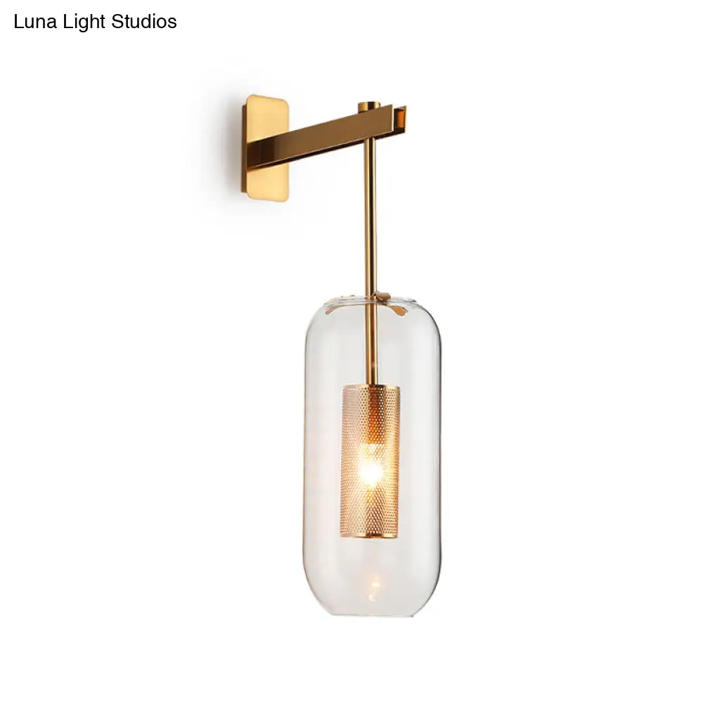 DecorBites™ DecorBites™ Postmodern Capsule Wall Hanging Light Clear Glass Bedside Lamp, 1 Bulb, Interior Mesh Guard, Black/Gold