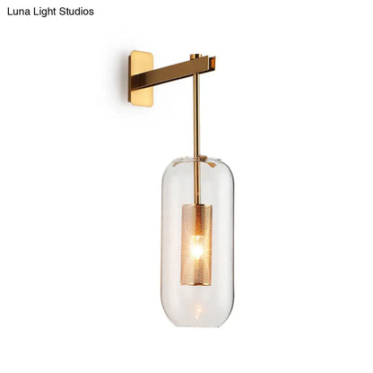 DecorBites™ DecorBites™ Postmodern Capsule Wall Hanging Light Clear Glass Bedside Lamp, 1 Bulb, Interior Mesh Guard, Black/Gold