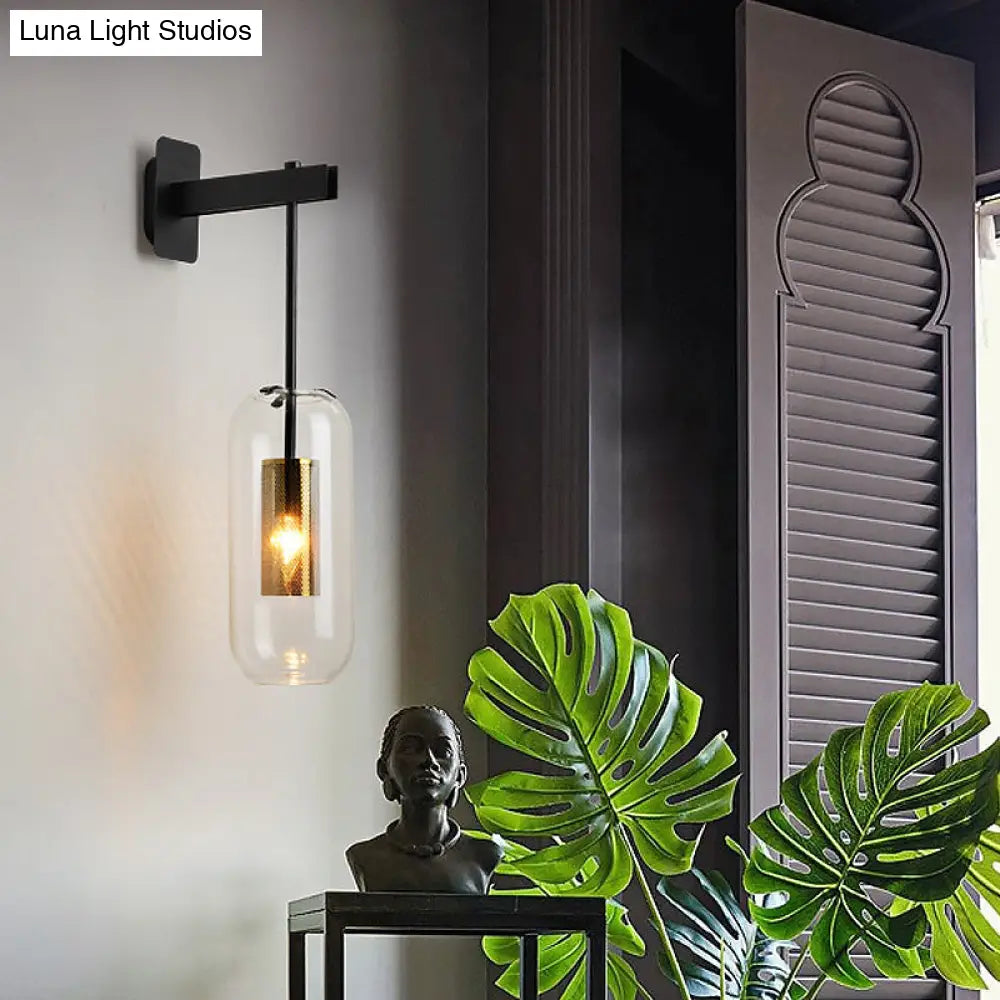 DecorBites™ DecorBites™ Postmodern Capsule Wall Hanging Light Clear Glass Bedside Lamp, 1 Bulb, Interior Mesh Guard, Black/Gold