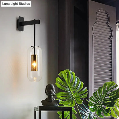 DecorBites™ DecorBites™ Postmodern Capsule Wall Hanging Light Clear Glass Bedside Lamp, 1 Bulb, Interior Mesh Guard, Black/Gold