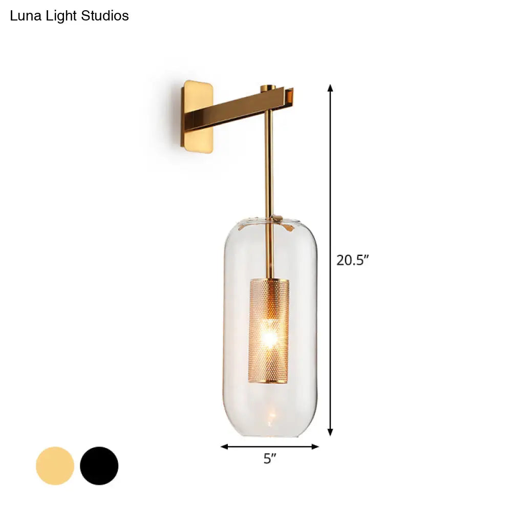 DecorBites™ DecorBites™ Postmodern Capsule Wall Hanging Light Clear Glass Bedside Lamp, 1 Bulb, Interior Mesh Guard, Black/Gold