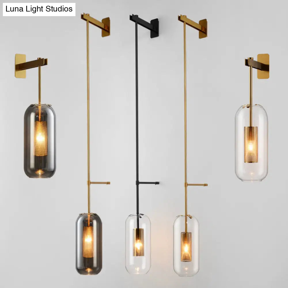 DecorBites™ DecorBites™ Postmodern Capsule Wall Hanging Light Clear Glass Bedside Lamp, 1 Bulb, Interior Mesh Guard, Black/Gold