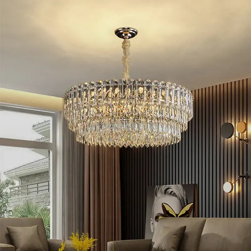 Postmodern decorbites crystal chandelier with polished chrome mount cream chain and clear faceted crystals for dining room
